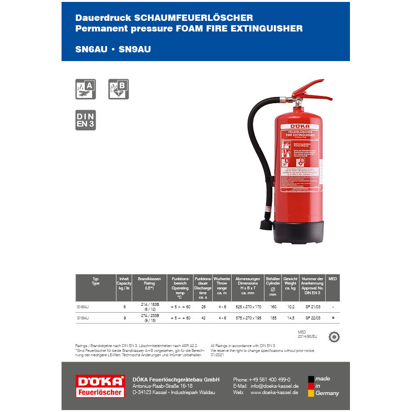 Datenblatt Schaum-Feuerlöscher SN-AU
